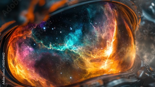 Visor reflects vibrant nebula colors while space tourist explores the universe photo