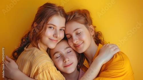 Three young women are hugging each other on a yellow wall. They are all smiling and seem to be enjoying each other's company. Scene is warm and friendly, and it conveys a sense of love