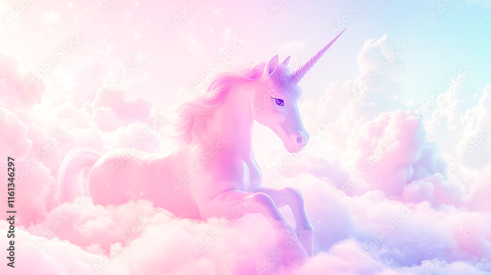 Fototapeta premium Holographic fantasy background featuring a whimsical rainbow unicorn amidst fluffy clouds