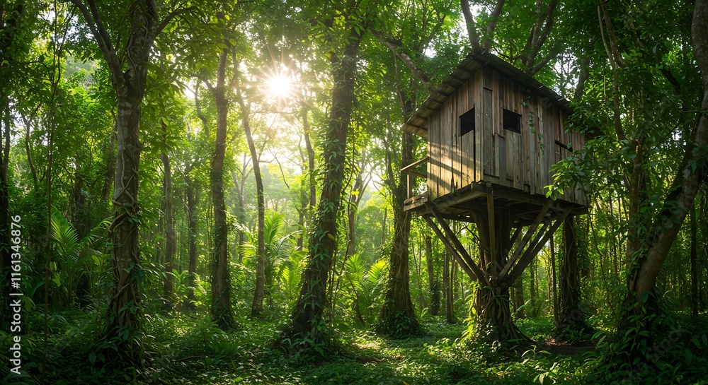 Sunlight streams through vibrant jungle trees.  Green canopy.  Tropical forest.