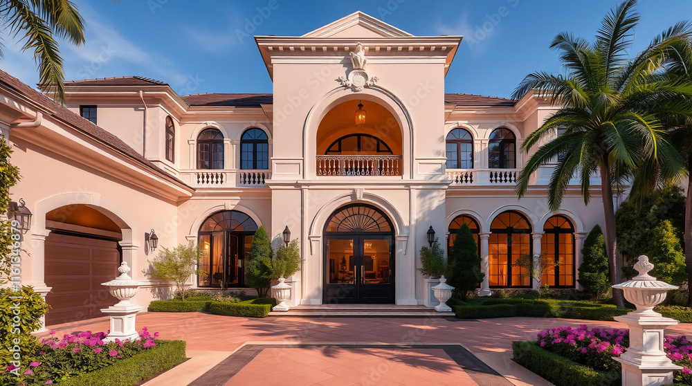 Mediterranean-Style Mansion with Arched Entryway and Landscaping Mediterranean-Style Mansion with Arched Entryway and Landscaping