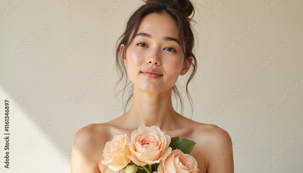 Smiling woman holding peach roses against a neutral background Smiling woman holding peach roses against a neutral background