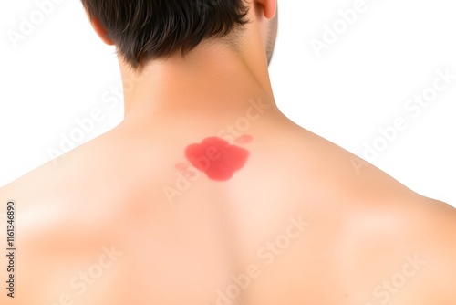 A close-up view of a man's back featuring a red kiss mark tattoo.