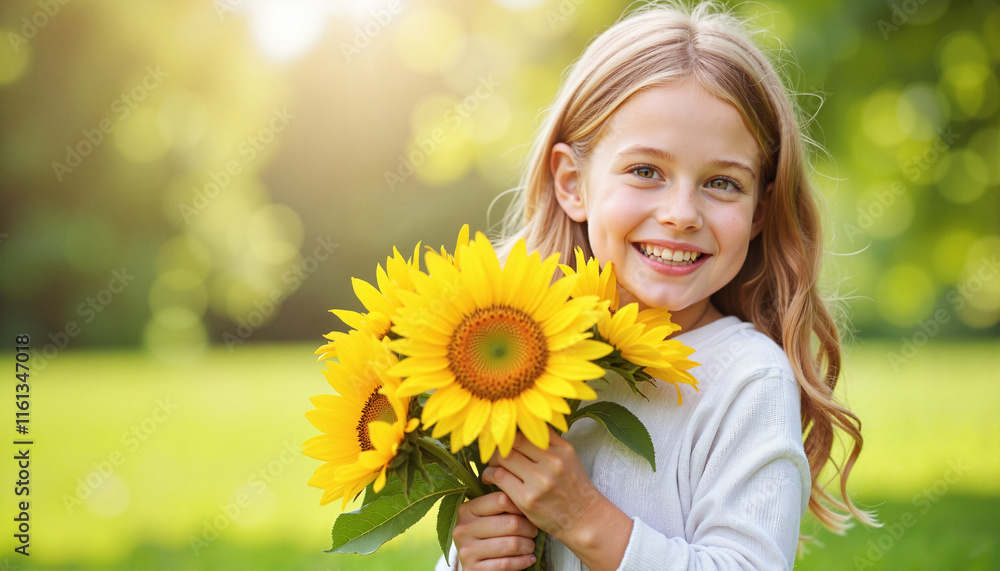 Smiling girl holding sunflowers in a sunny outdoor park Smiling girl holding sunflowers in a sunny outdoor park