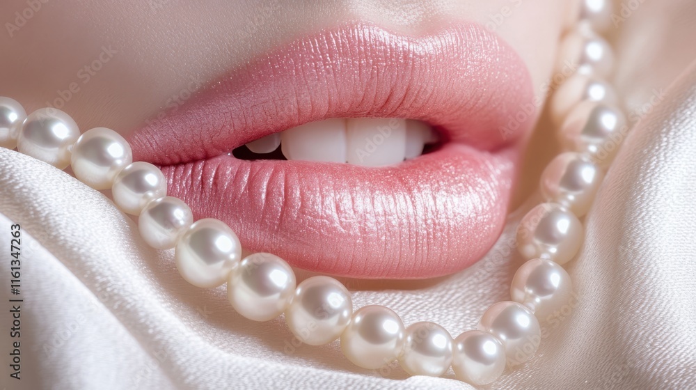 custom made wallpaper toronto digitalElegantly subtle close-up of feminine lips and glossy pearls on silk fabric
