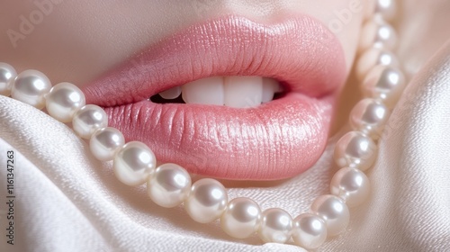 Wallpaper Mural Elegantly subtle close-up of feminine lips and glossy pearls on silk fabric Torontodigital.ca