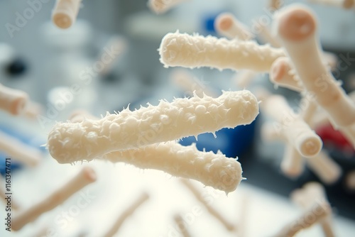 Abstract close-up of fluffy, cylindrical objects suspended in a blurred background.