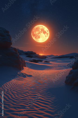 Photo réaliste professionnelle d’une vue surréaliste d’un désert avec des dunes de sable en forme de croissant, un horizon lumineux, et des constellations étincelantes au-dessus