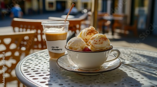 Enjoying a Delicious Bowl of Ice Cream With a Refreshing Drink at a Sunny Outdoor Cafe in the Afternoon photo