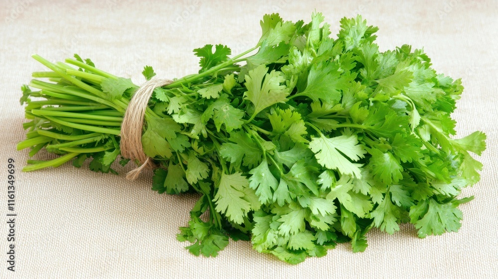A fresh bunch of cilantro, commonly used in cooking and garnishing. A fresh bunch of cilantro, commonly used in cooking and garnishing.