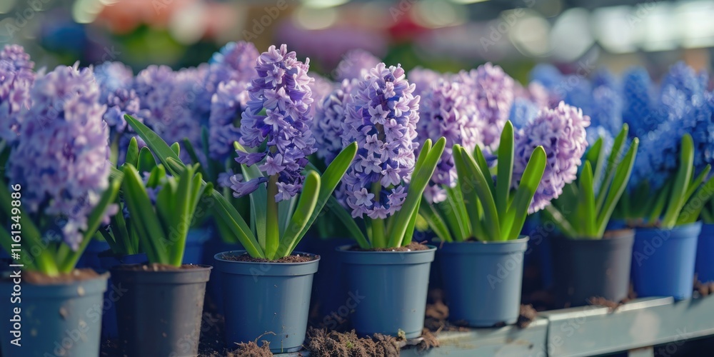 Fototapeta premium A variety of blue flowers, possibly crocuses or bulbous irises, in neat rows within pots.