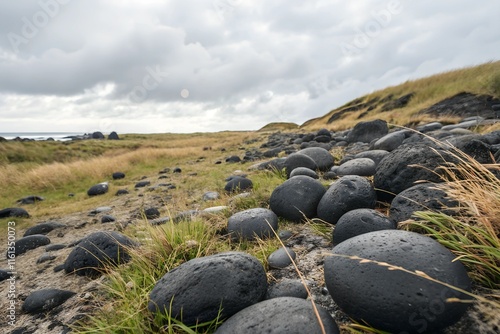 A rugged landscape of natural black stones shaped by the wind, creating a striking and timeless harmony of textures, shadows, and raw beauty.