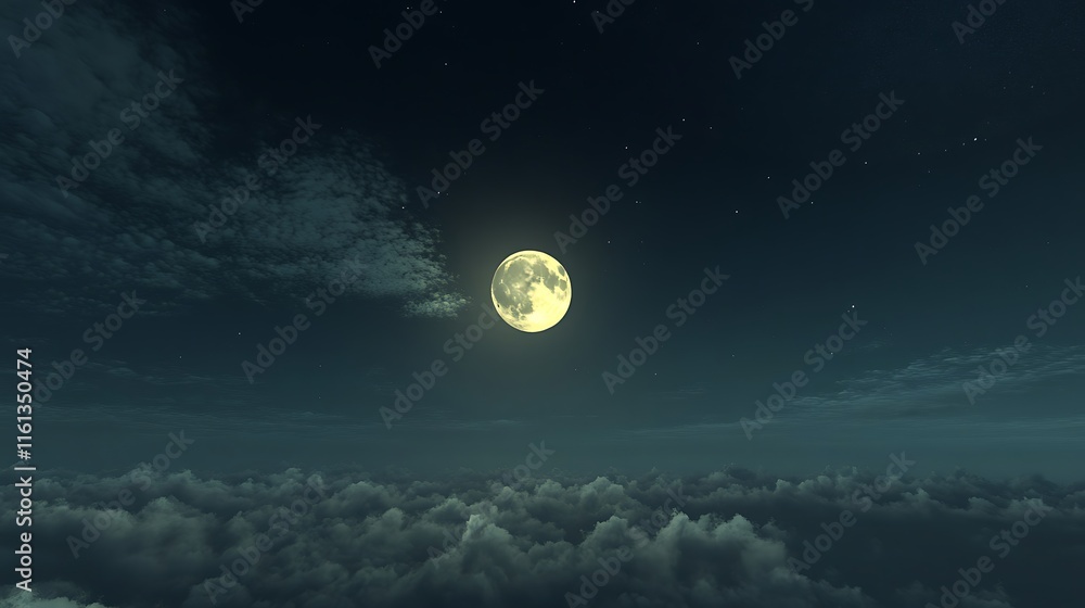 Serene full moon and fluffy clouds in a starry night sky. Minimalist and atmospheric digital illustration. Ideal for celestial, night, nature, and calming concepts. Serene full moon and fluffy clouds in a starry night sky. Minimalist and atmospheric digital illustration. Ideal for celestial, night, nature, and calming concepts.