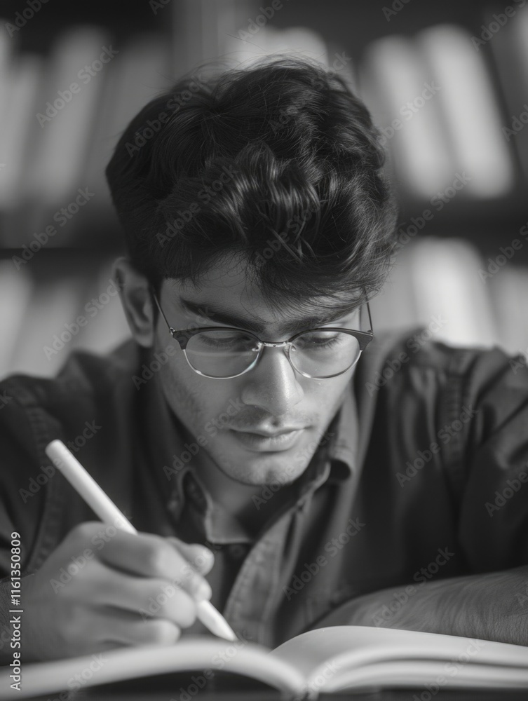 Young man in glasses focused on reading book in library with stack of books around him. Dedication to education and academic pursuits. Young man in glasses focused on reading book in library with stack of books around him. Dedication to education and academic pursuits.