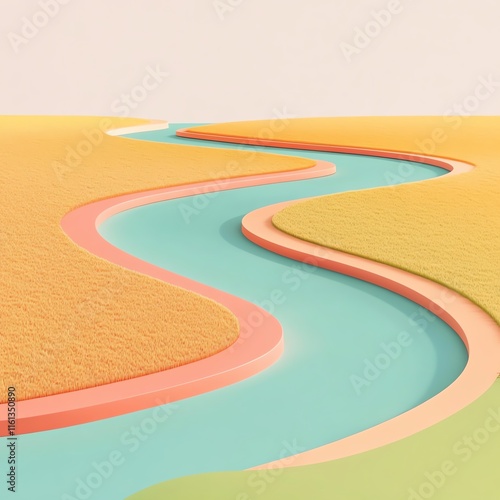 A serene landscape featuring a winding river amidst colorful terrains, creating a vibrant and peaceful visual experience.