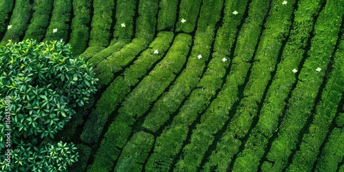 Lush green field with a tree in the foreground. The field is full of green plants and the tree is surrounded by the plants