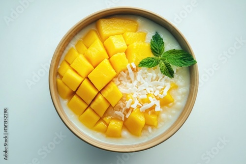 A close-up photo of a delicious bowl filled with cubed mangoes and yogurt, topped with coconut shavings and fresh mint.