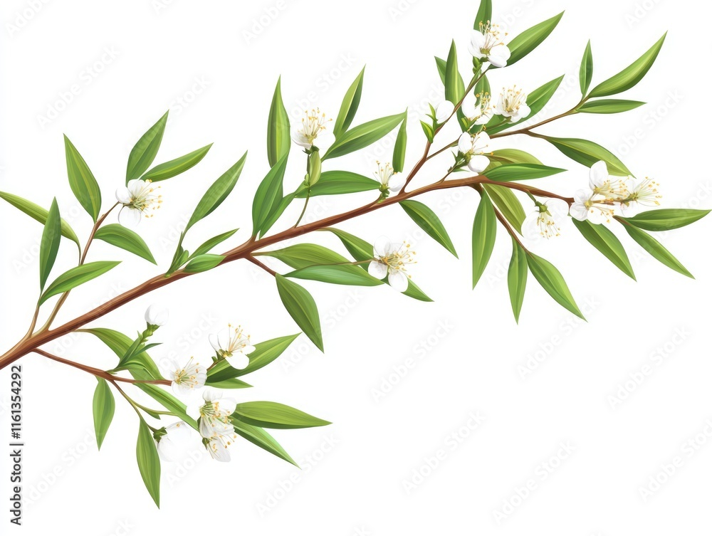 Melaleuca Blooming: Isolated Tea Tree Twigs with Green Leaves on a Fresh White Background Melaleuca Blooming: Isolated Tea Tree Twigs with Green Leaves on a Fresh White Background