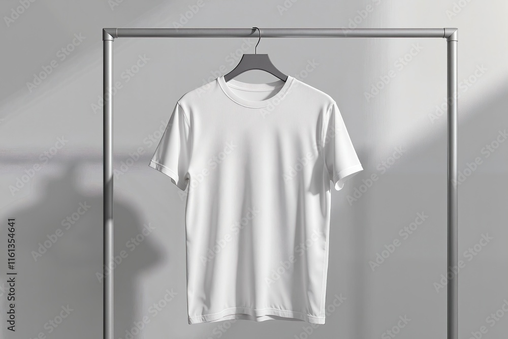 Monochrome 3D T-shirt mockup hanging on minimalist rack, design showcase. Mock up for business and advertising Monochrome 3D T-shirt mockup hanging on minimalist rack, design showcase. Mock up for business and advertising