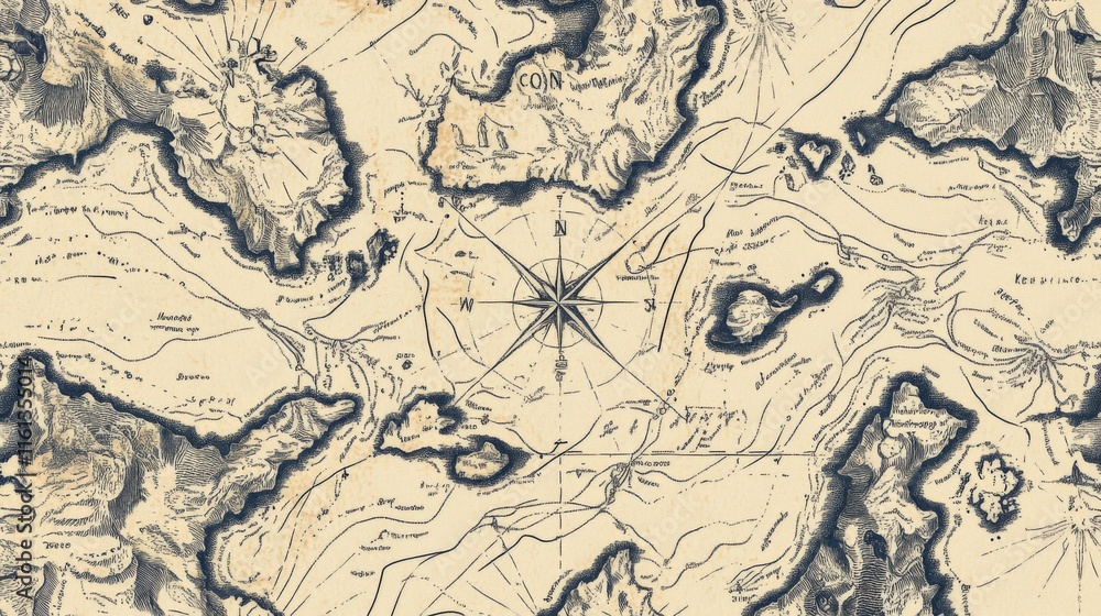 Antique map illustration with compass rose, showing landmasses, waterways, and geographical details in vintage style. Antique map illustration with compass rose, showing landmasses, waterways, and geographical details in vintage style.
