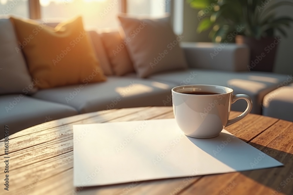 Cozy coffee cup on table with A4 paper in warm sunlight, morning calm. Mockup for business and advertising Cozy coffee cup on table with A4 paper in warm sunlight, morning calm. Mockup for business and advertising