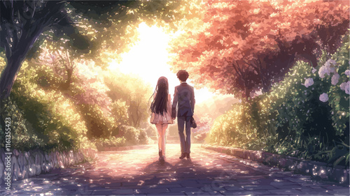 Young couple walking away on a path in a beautiful park during sunset