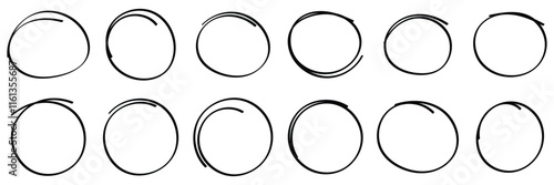 Hand drawn circle line sketch set. Circular  vector image. Hand drawn circle with doodle patterns. Vector brush strokes circles of paint on white background.
