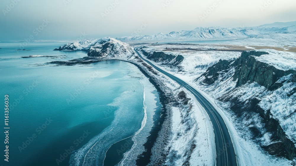 Fototapeta premium Aerial view of snowy coastline and mountainous road in winter landscape