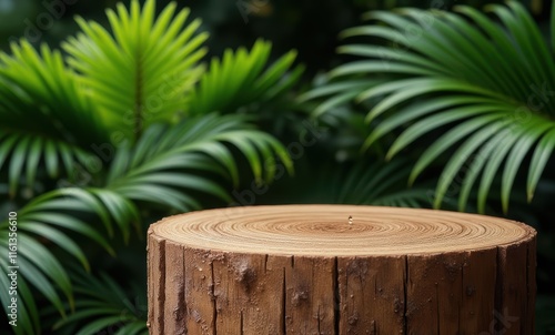 Wooden stump surrounded by lush greenery photo