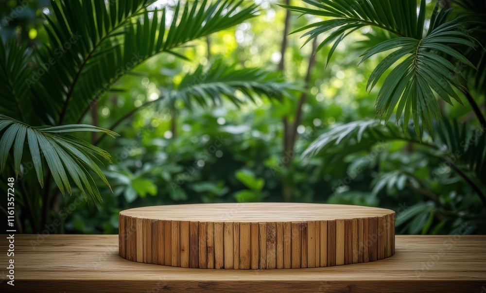 Wooden display pedestal in lush greenery Wooden display pedestal in lush greenery