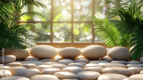 Sunlit stones create a tranquil oasis surrounded by verdant foliage in a peaceful indoor environment photo