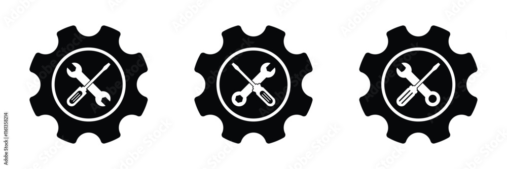 Service tools icon set. Simple wrench and gear icon for repair and maintenance concept. Service tool design for repair, tech, and business branding. Vector illustration.