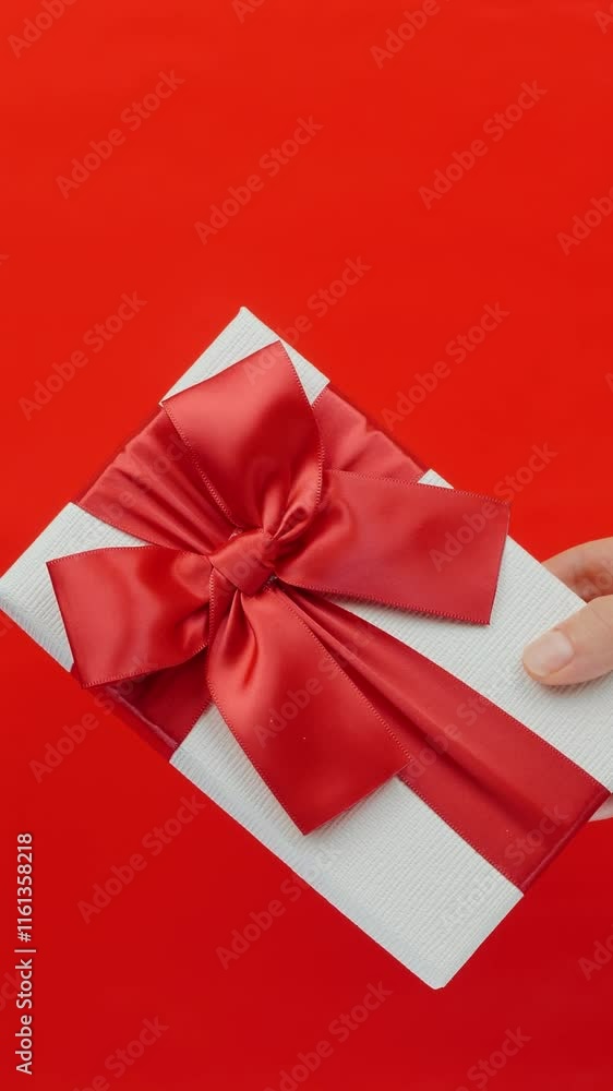 Hand giving present box with red ribbon bow on red background. Vertical video Hand giving present box with red ribbon bow on red background. Vertical video