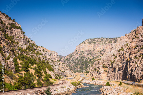 Scenic view of Wind River, road, and railroad tracks from Boysen State Park in Wyoming.
