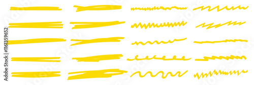 Yellow highlighter underlines set isolated on white background. Hand drawn yellow highlighter doodles. Yellow marker pen highlight underline strokes. Highlighter pen scribbles and strokes.