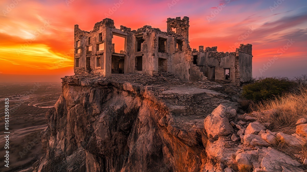 Fototapeta premium Ancient stone ruin perched on a cliff at sunset, surrounded by vibrant skies.