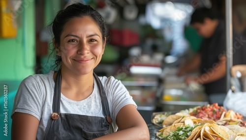 Fototapeta Naklejka Na Ścianę i Meble -  Mexican woman working at a street taco shop	
