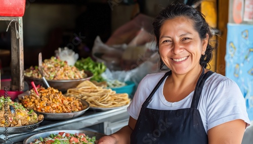 Fototapeta Naklejka Na Ścianę i Meble -  Mexican woman working at a street taco shop	
