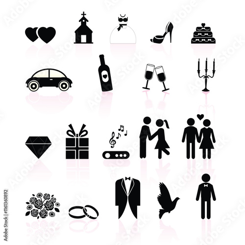 Wedding day black and white set icons