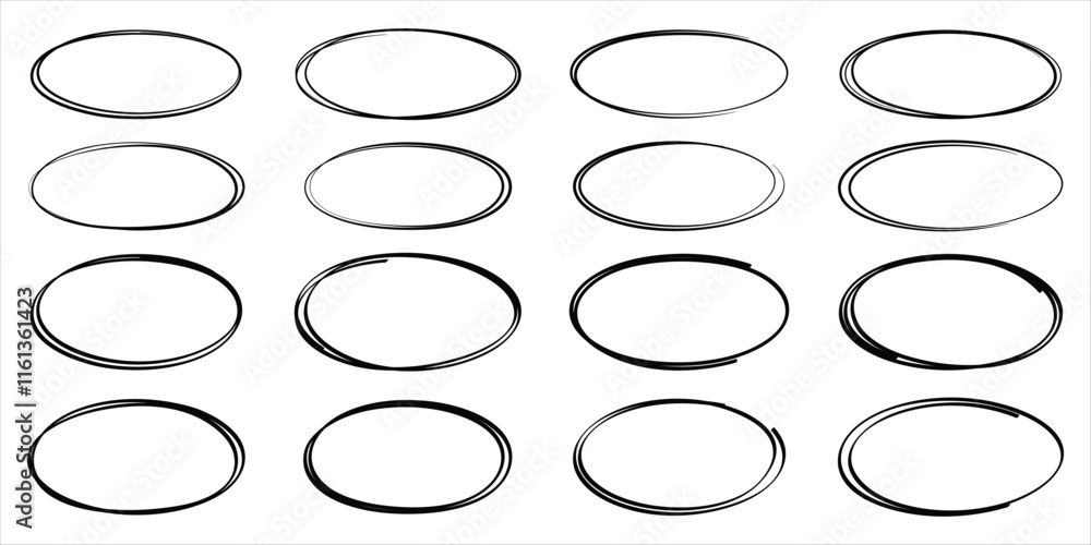 Highlight oval marker frames line set. Hand drawn scribble circle sketch set. Doodle ovals and ellipses line template. Vector illustration oval isolated on white background. Highlight oval marker frames line set. Hand drawn scribble circle sketch set. Doodle ovals and ellipses line template. Vector illustration oval isolated on white background.