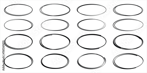 Highlight oval marker frames line set. Hand drawn scribble circle sketch set. Doodle ovals and ellipses line template. Vector illustration oval isolated on white background.
