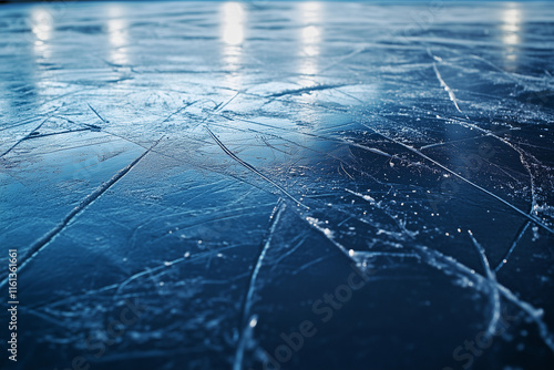  Scratched ice surface under bright arena lights photo