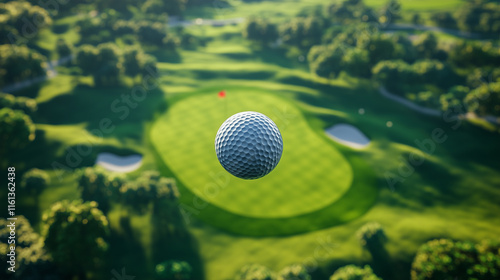 Bird's eye view of a golf ball soaring through the air, captured mid-flight and golf course at the background