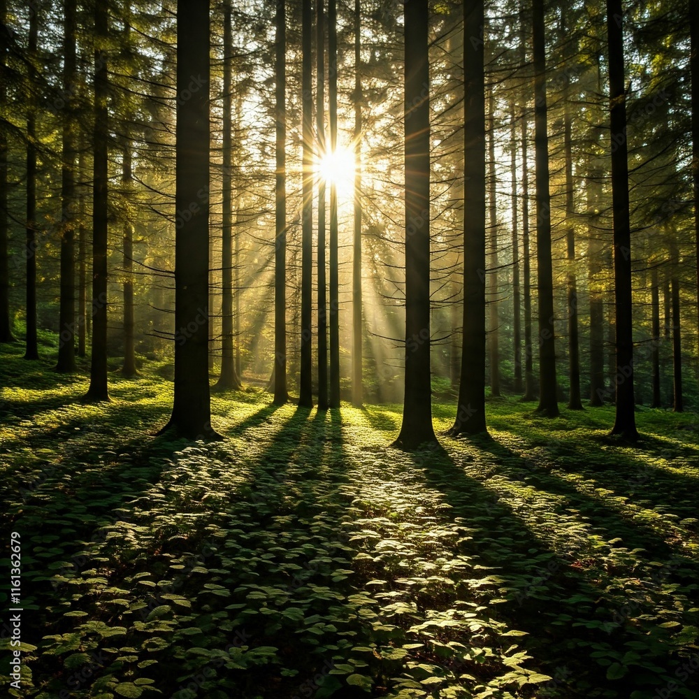 Fototapeta premium A serene forest with light streaming through the leaves. 