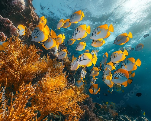 Vibrant fish school swimming near golden coral reef in sunlit ocean. photo