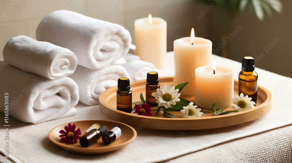 Spa scene with a neatly arranged set of white towels aromatherapy candles, and a bamboo tray holding essential oils and fresh flowers Spa scene with a neatly arranged set of white towels aromatherapy candles, and a bamboo tray holding essential oils and fresh flowers