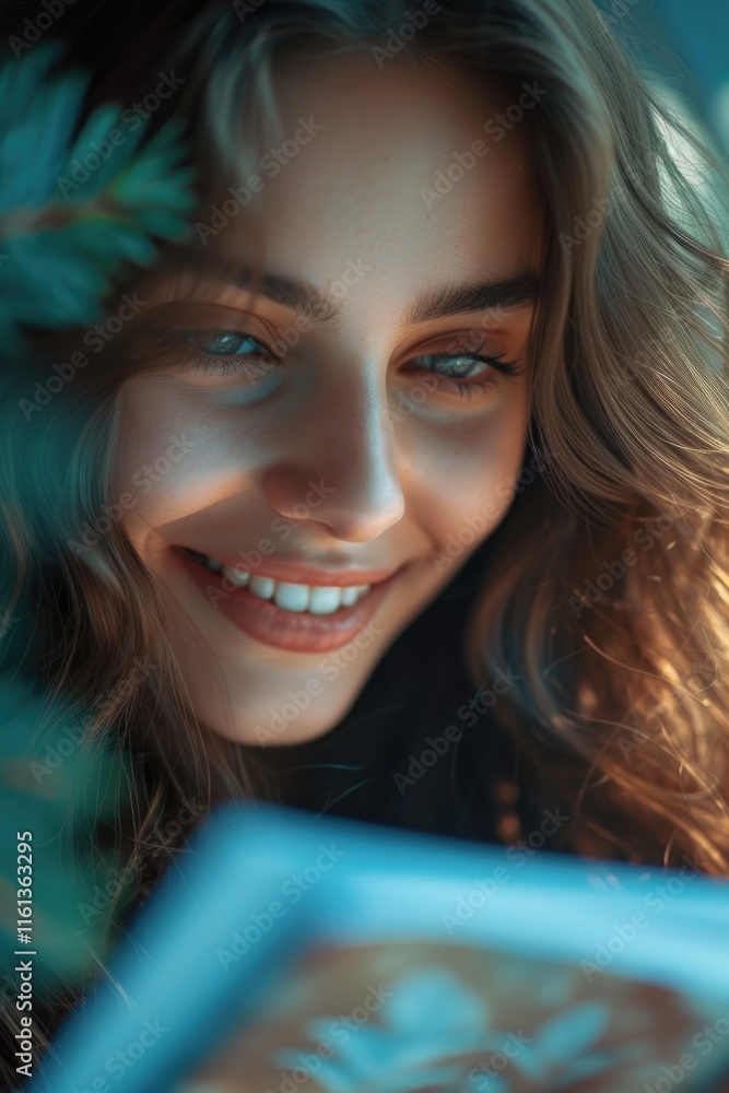 Girl smiles as she looks at cell phone, with outdoor lighting that makes her look radiant. Girl smiles as she looks at cell phone, with outdoor lighting that makes her look radiant.