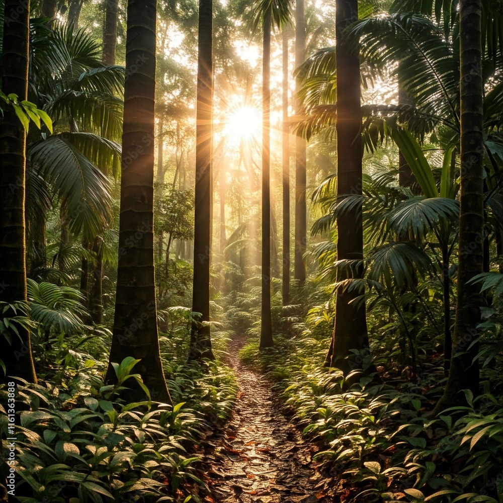 Naklejka premium A panoramic view of a tropical rainforest at sunrise. 