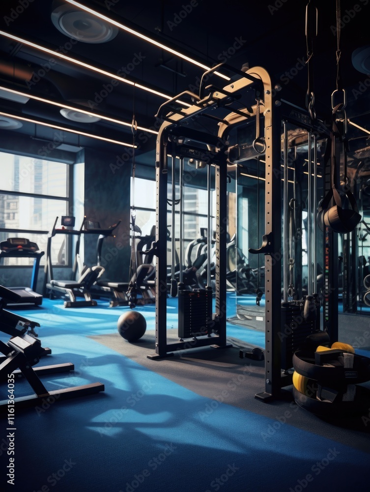 Fototapeta premium Spacious gym with weight machines and free weights.