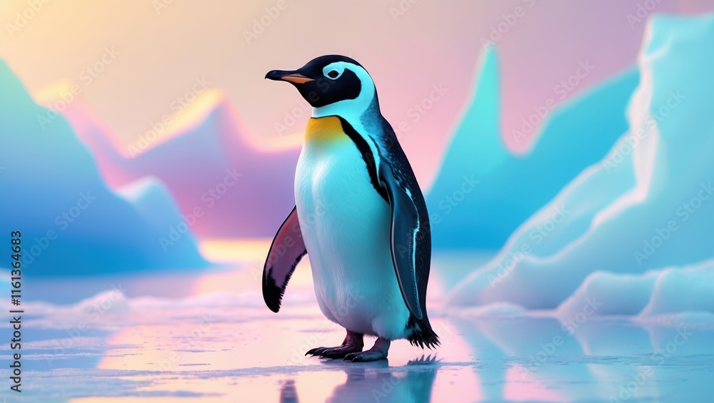 Fototapeta premium Serene Penguin on Ice with Pastel Background